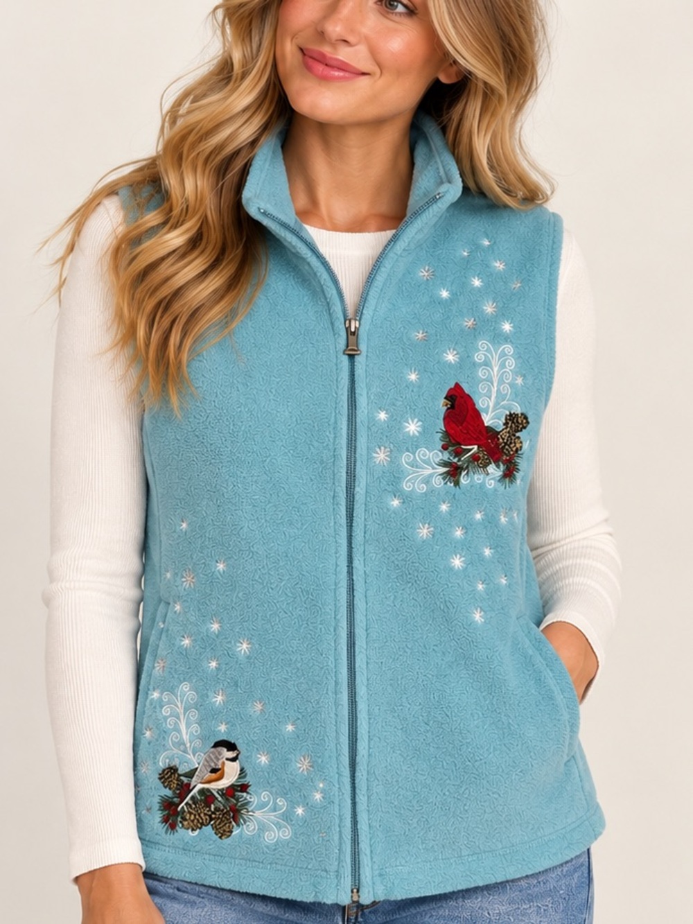 Baxter & Wells Blue Fleece Vest Embroidered Cardinal Birds Winter Small